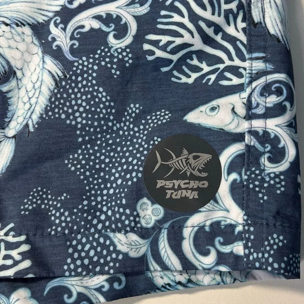 Psycho Tuna Men’s Medium Swim Shorts Pockets Blue Fish Sea Print